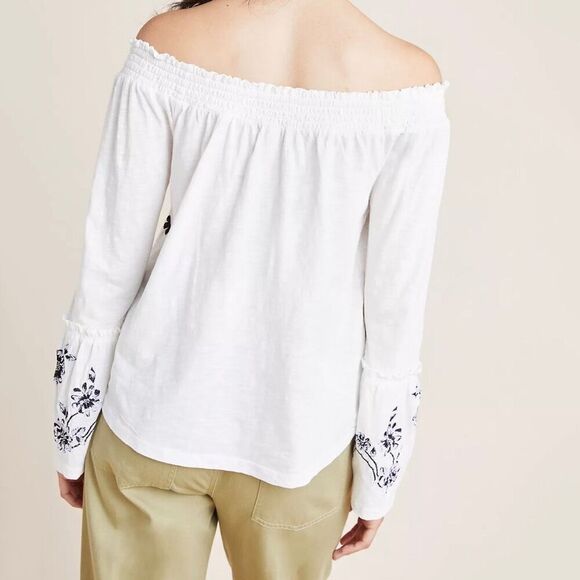 Anthropologie Annie Embroidered Off The Shoulder Top size XS White Black - Picture 2 of 10